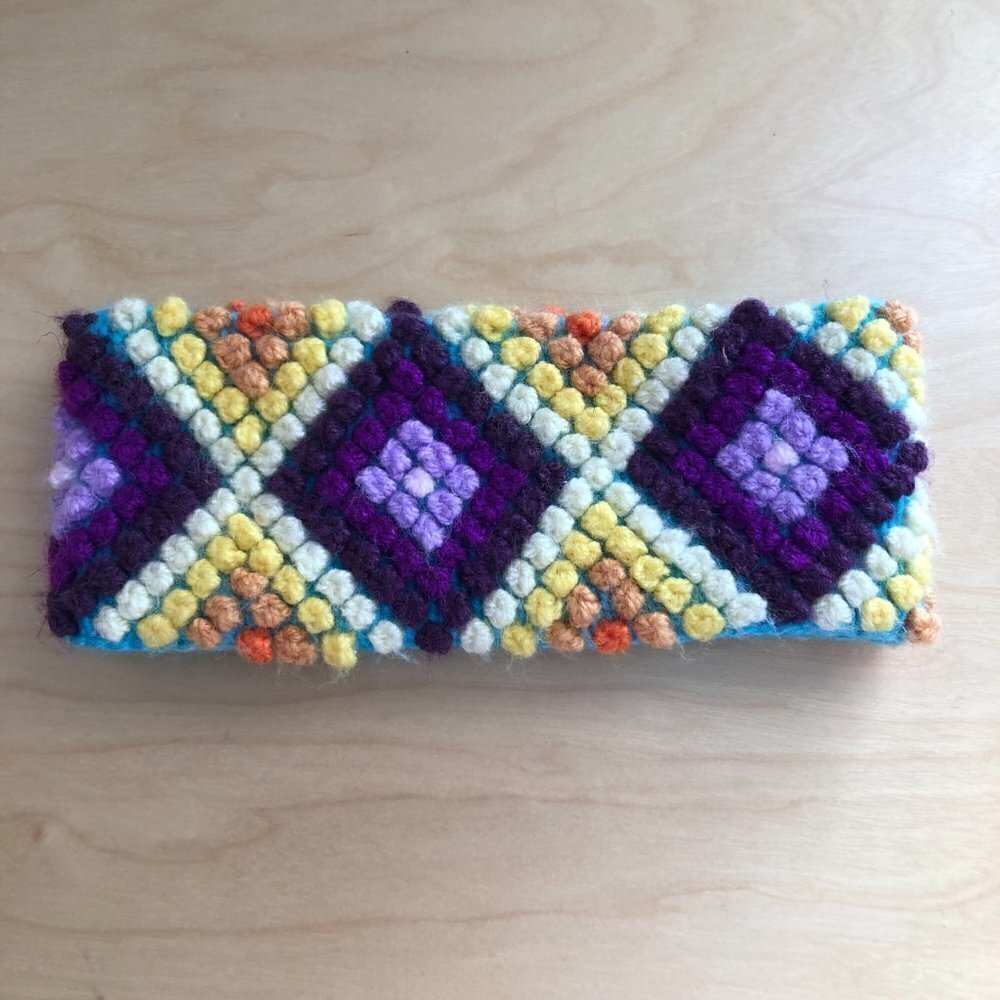 Vintage Wool Diamond Popcorn Knitted Ski Headband Purple Blue Yellow - Picture 4 of 4